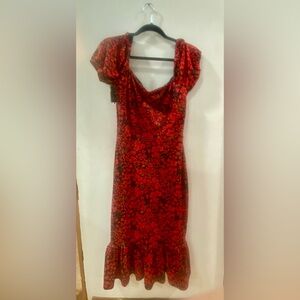 American Heiress Carmen Puff Sleeve Midi Dress Red